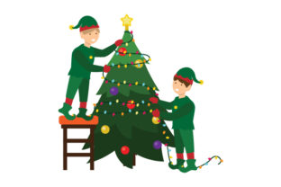 Elves Putting Lights on Tree