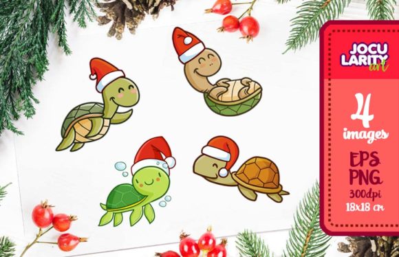 Funny Turtles Celebrating Christmas Illustrations