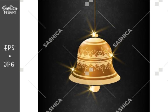 Gold Christmas Bell with Weed Leaves Illustrations