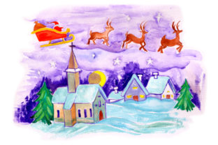 Santa Flying Sleigh Over Church in Gouache Style