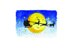 Santa’s Sleigh in Front of Moon - Watercolor for Christmas Design